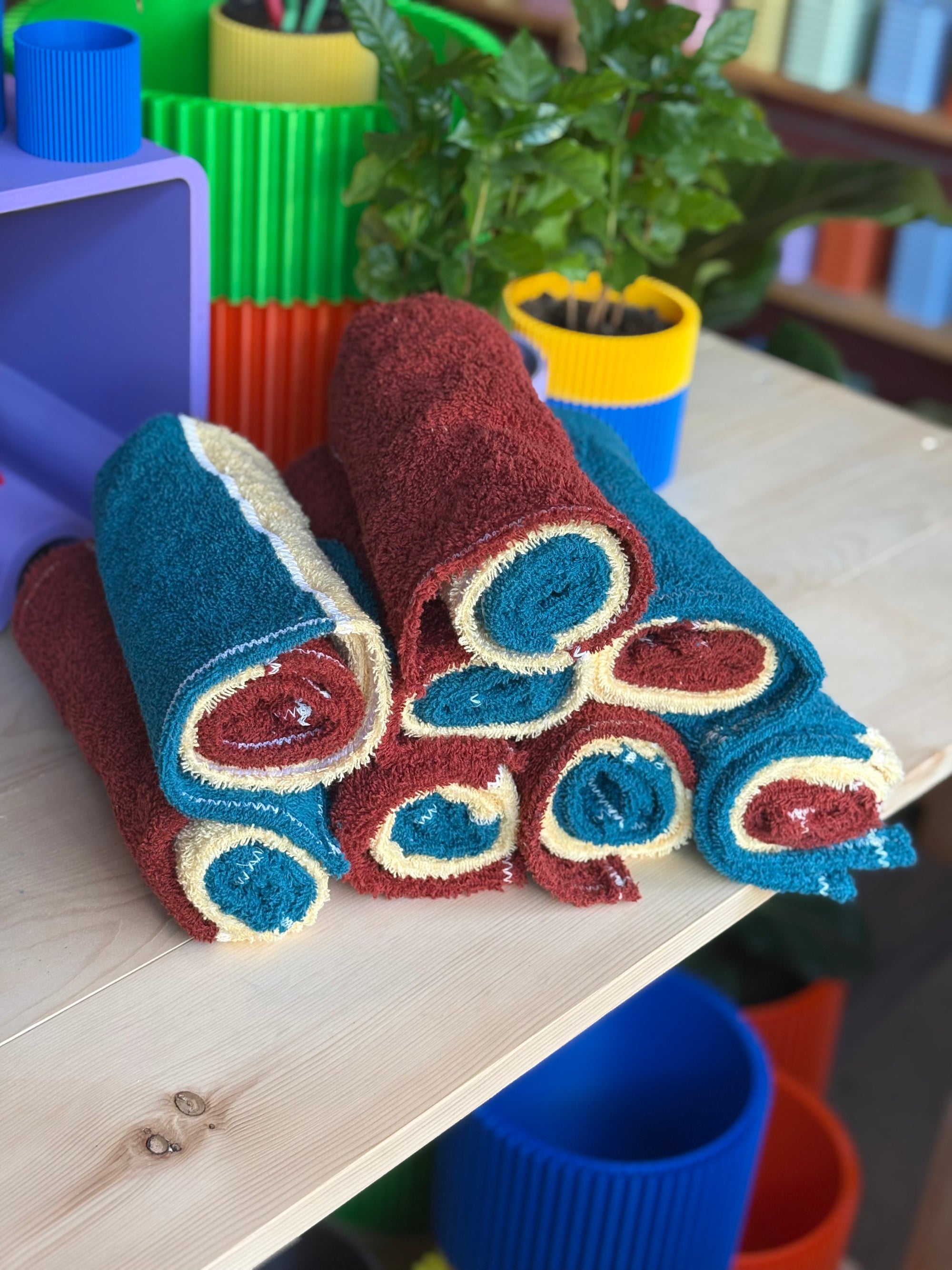 Hand Towel – Handmade, Eco-Friendly Towel in Playful Yellow, Blue & Red